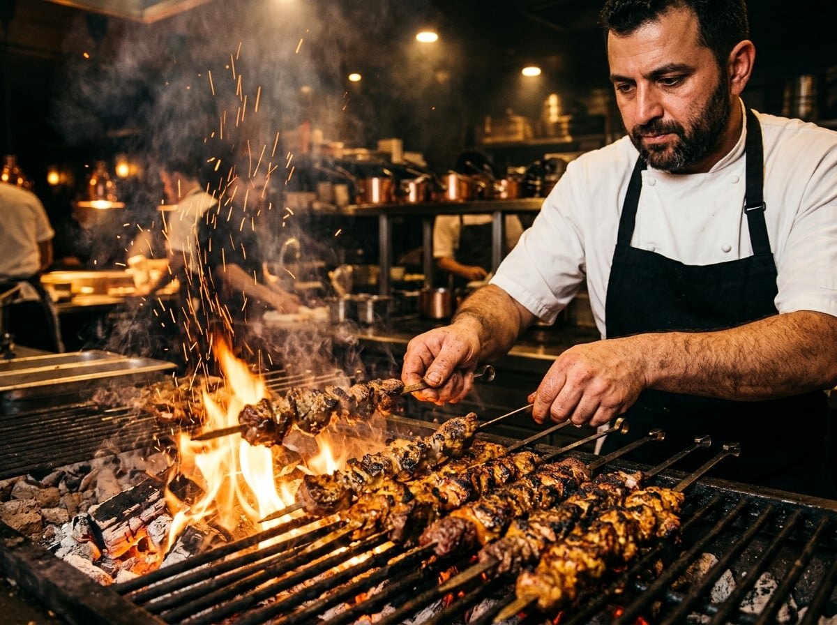 Chef grillant des brochettes au feu de bois
