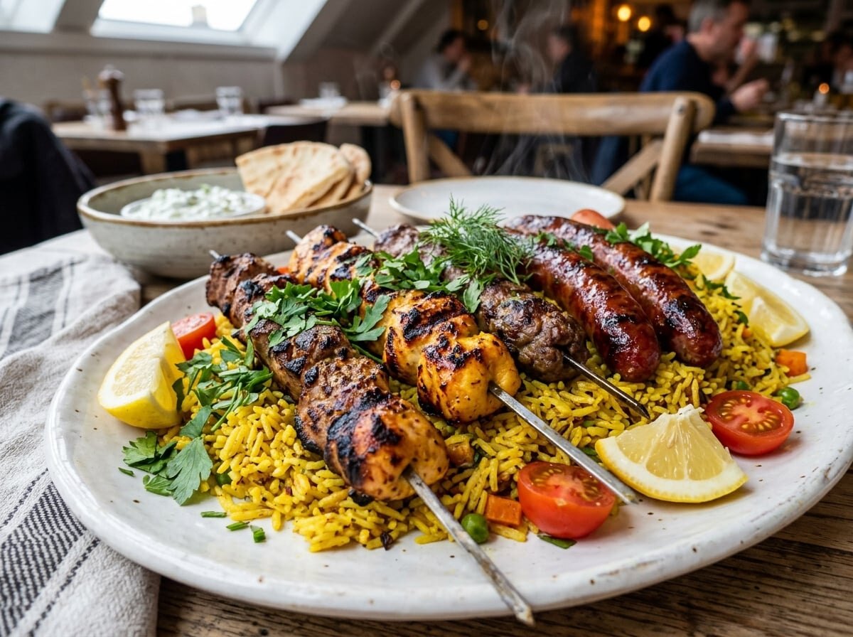 Plateau de kebabs, merguez et riz safrané